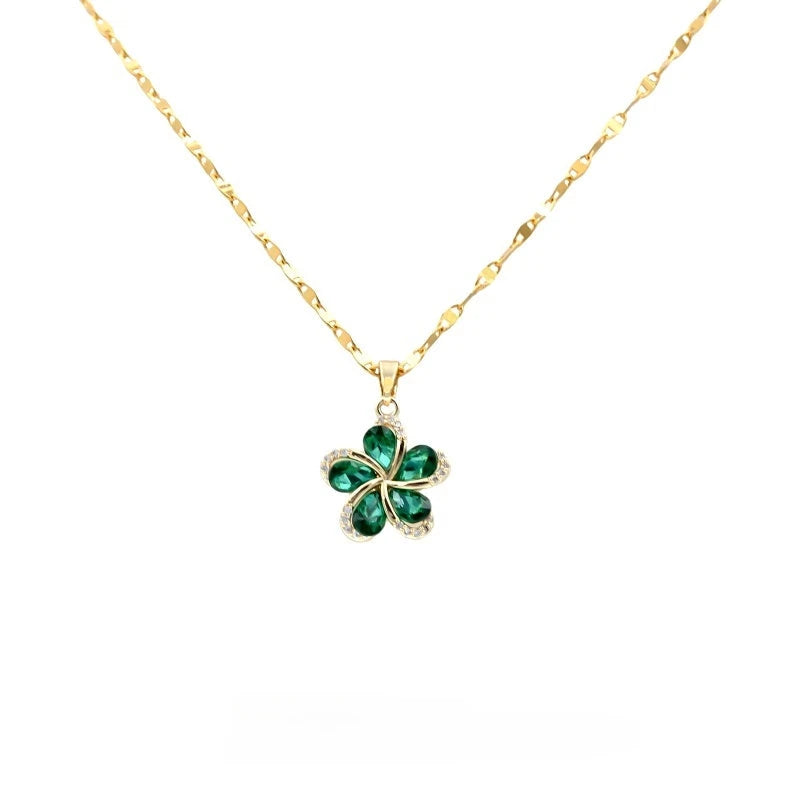 Close-up of the pendant and clasp on the Green Flower Necklace