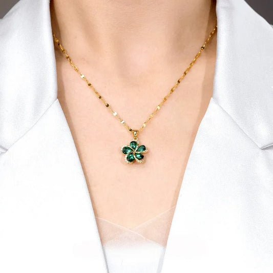 14K Gold-Plated Zircon Green Flower Pendant Necklace worn to showcase its length and pendant detail