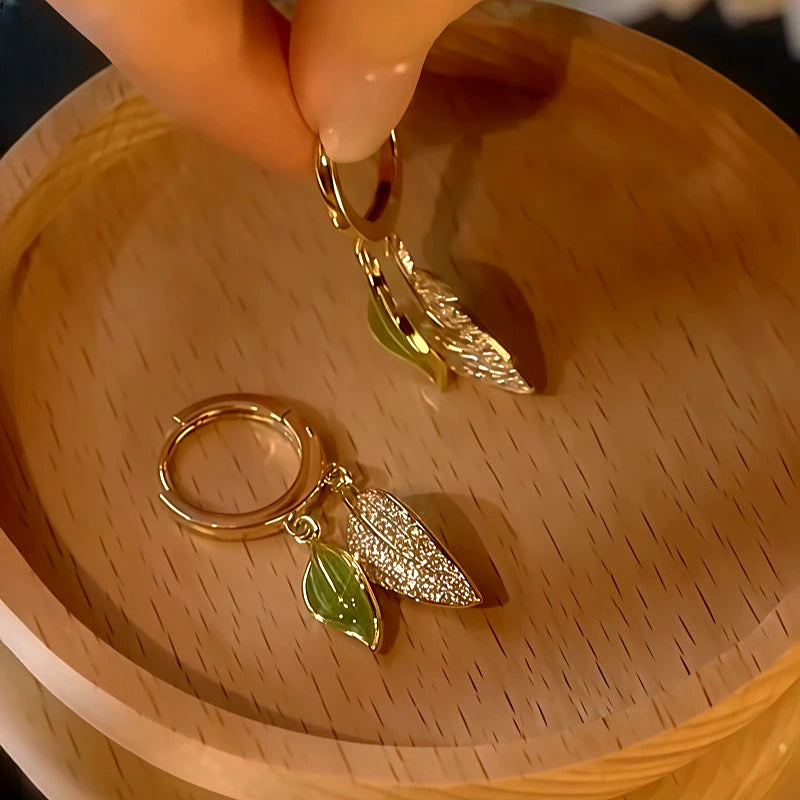Close-up detail of the sparkling zircons and plating on the Green Leaf Drops