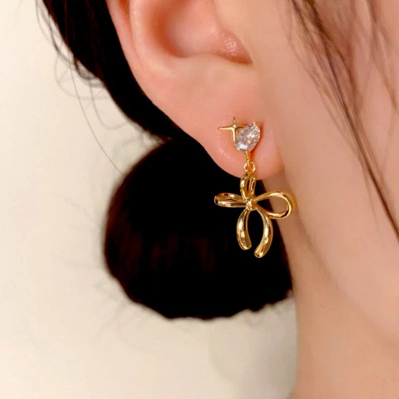 14K Gold-Plated Zircon Heart Bow Tassel Earrings - elegant Heart Bow Tassel