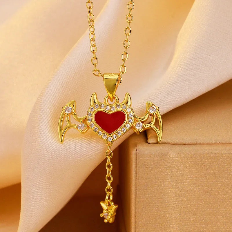 14K Gold-Plated Zircon Heart Devil Necklace - beautiful Devilish Heart Pendant