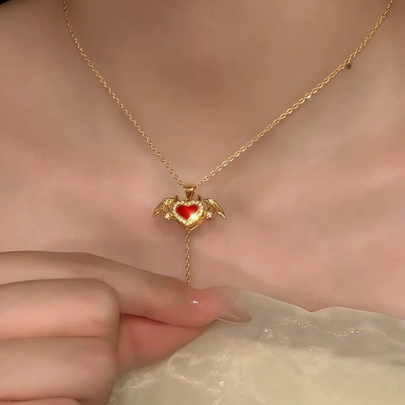 Detailed view of the 14K Gold-Plated Zircon Heart Devil Necklace chain and pendant