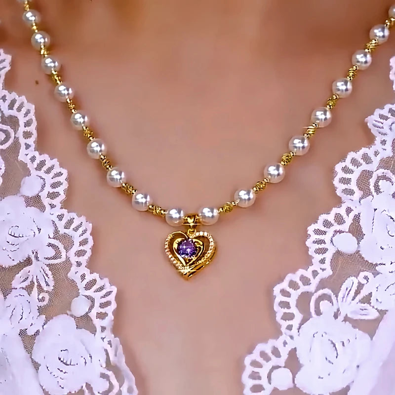 14K Gold-Plated Zircon Heart Pearl Necklaces worn to showcase its length and pendant detail