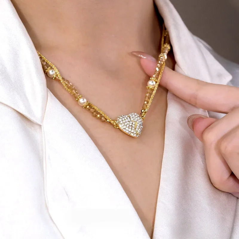 14K Gold-Plated Zircon Heart To Heart Magnetic Necklace - beautiful Convertible Heart Lariat