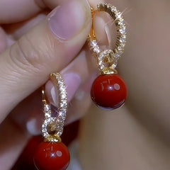 14K Gold-Plated Zircon Hoop Pearl Earrings - elegant Red Bead Pearl Hoops