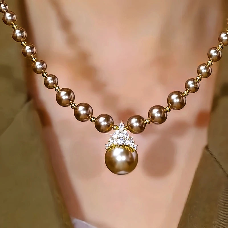 14K Gold-Plated Zircon Inlaid Champagne Pearl Necklace - beautiful Champagne Pearl Halo
