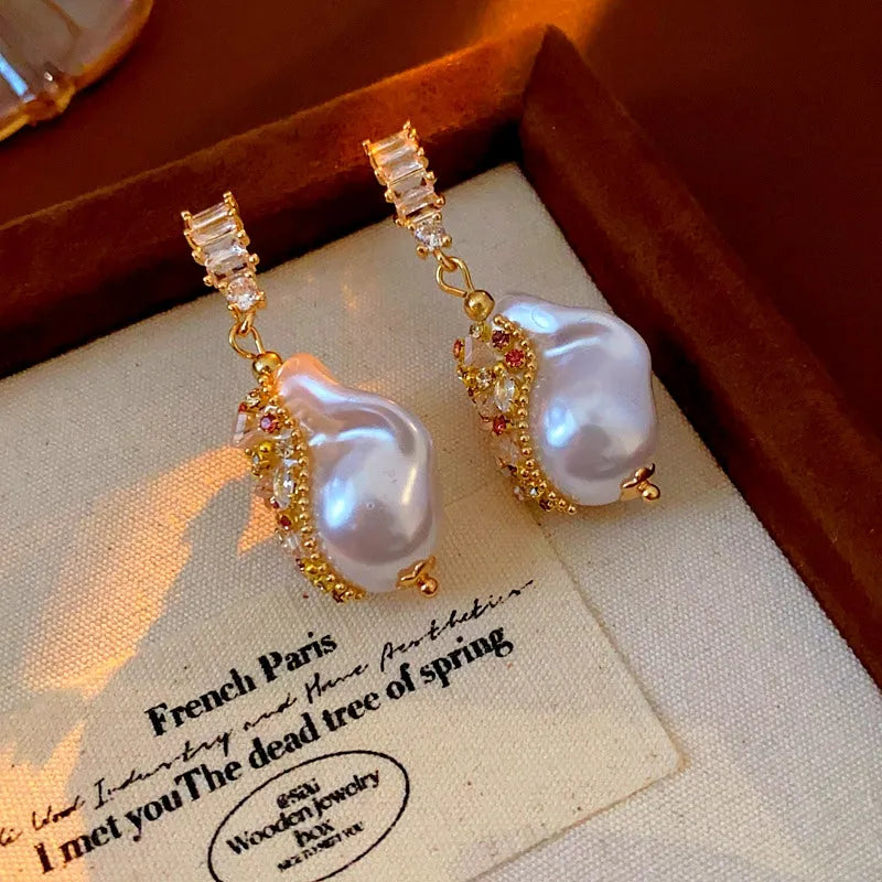 Close-up detail of the sparkling zircons and plating on the Irregular Baroque Pearl