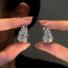 14K Gold-Plated Zircon Leaf Earrings - elegant Silver Leaf Drops