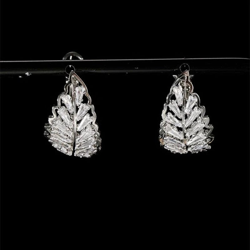 Angled view of the 14K Gold-Plated Zircon Leaf Earrings
