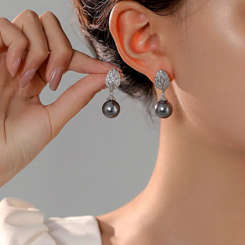 14K Gold-Plated Zircon Leaf Gray Pearl Earrings - elegant Leaf & Gray Pearl