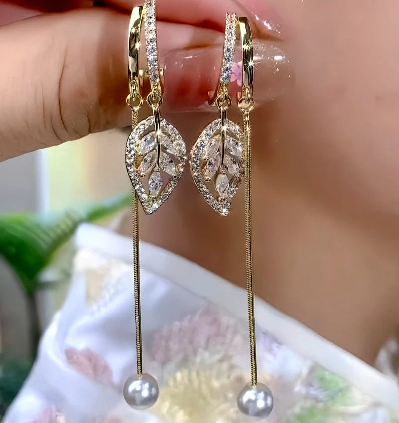 14K Gold-Plated Zircon Leaf Pearl Earrings - elegant Curved Leaf Pearl