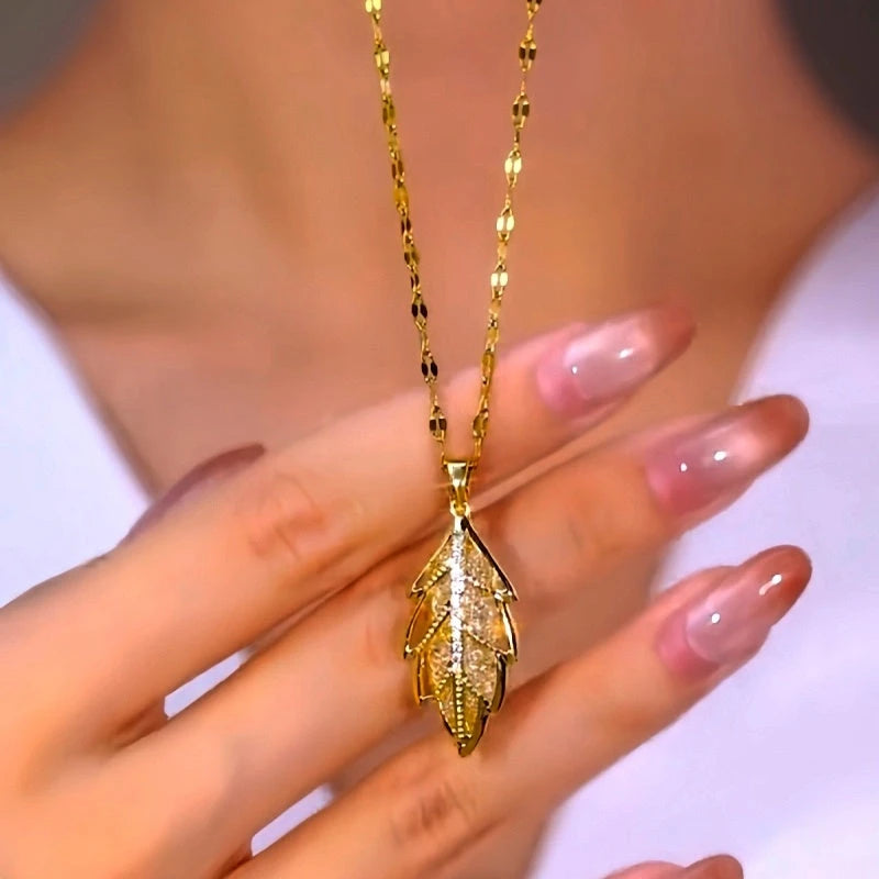 14K Gold-Plated Zircon Leaf Pendant Necklace worn to showcase its length and pendant detail