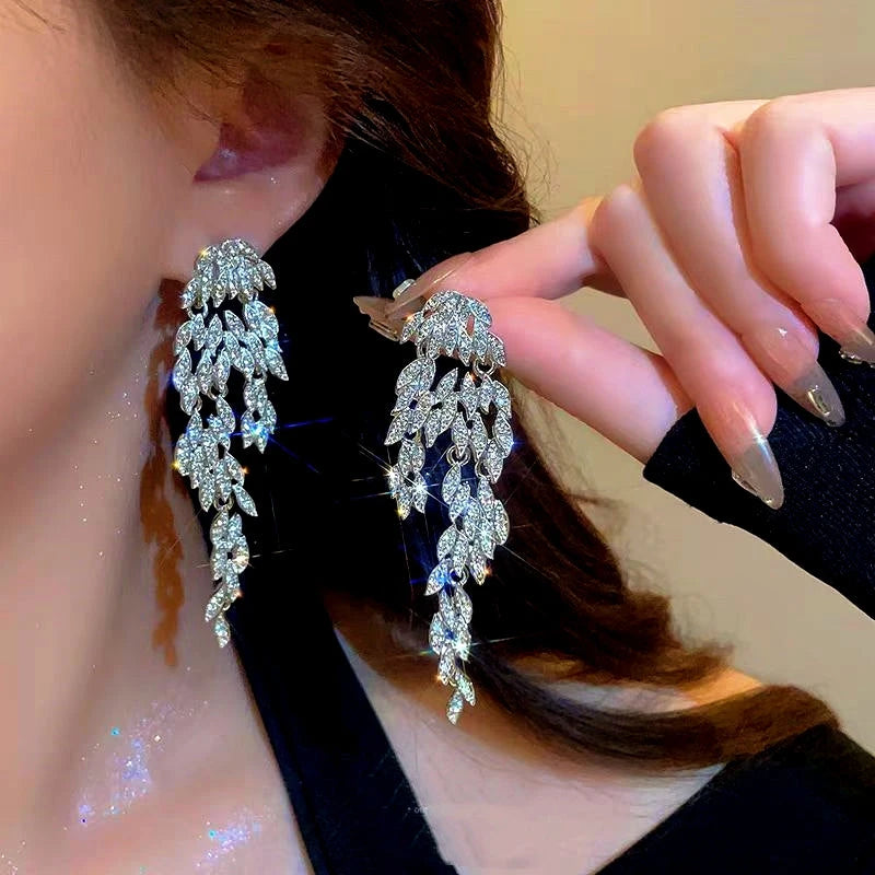 14K Gold-Plated Zircon Leaf Tassel Earrings - elegant Silver Leaf Tassel