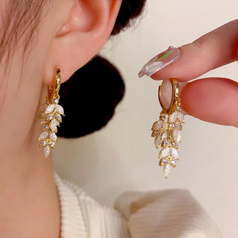 14K Gold-Plated Zircon Leaf Tassel Earrings - elegant Golden Leaf Tassel