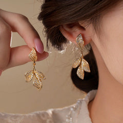 14K Gold-Plated Zircon Leaf Tassel Earrings - elegant Fan Leaf Tassel