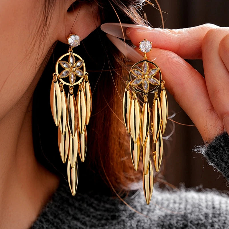 14K Gold-Plated Zircon Leaf Tassel Earrings - elegant Pave Leaf Tassel
