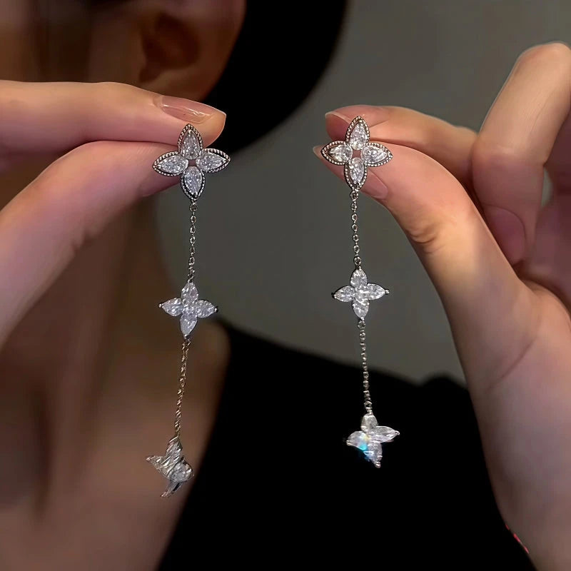 14K Gold-Plated Zircon Leaf Tassel Earrings - elegant Asymmetrical Leaf Tassel