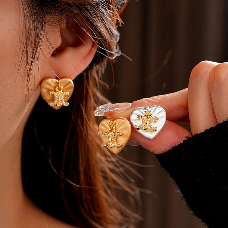 14K Gold-Plated Zircon Letter Heart Stud Earrings - elegant M Initial Studs