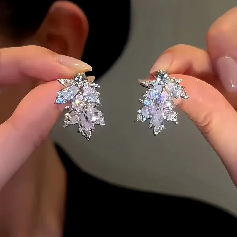 14K Gold-Plated Zircon Maple Leaf Earrings - elegant Silver Maple Leaf
