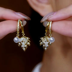 14K Gold-Plated Zircon Maple Leaf Pearl Earrings - elegant Golden Maple Pearl