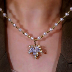 14K Gold-Plated Zircon Maple Leaf Pearl Necklace - beautiful Maple Leaf Lariat