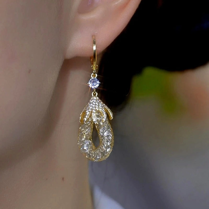 Close-up detail of the sparkling zircons and plating on the Golden Mesh Teardrop