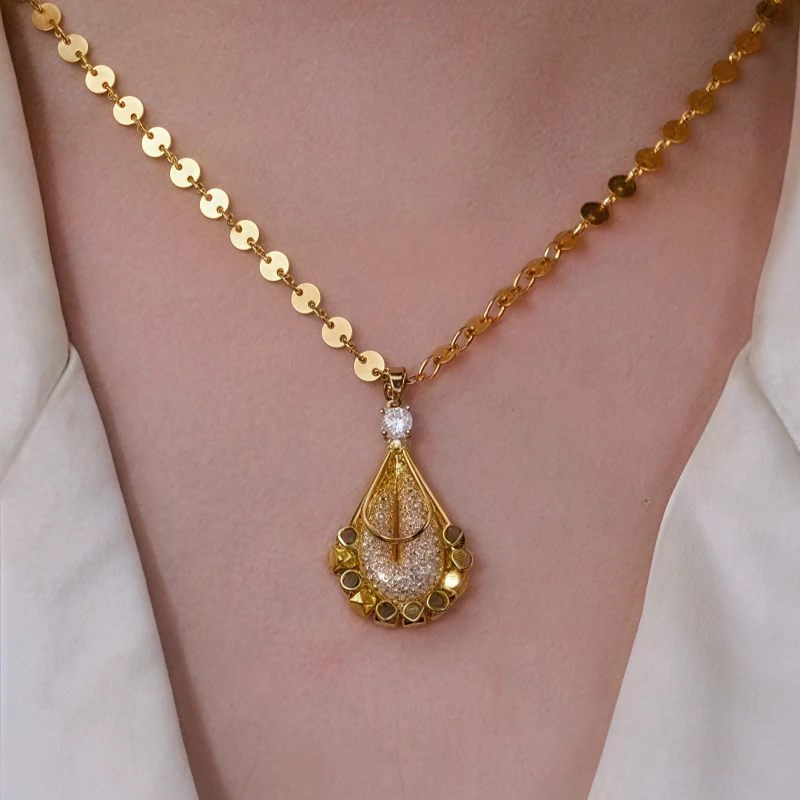 14K Gold-Plated Zircon Mesh Water Drop Necklace worn to showcase its length and pendant detail