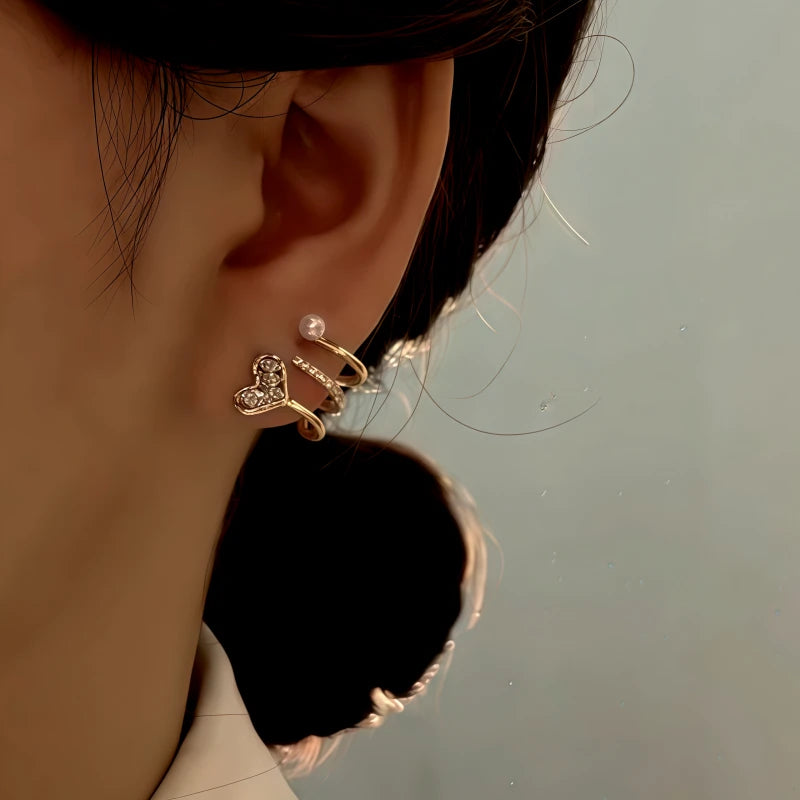 14K Gold-Plated Zircon Multi-Layer Heart Pearl Stud Earrings - elegant Layered Heart Pearl