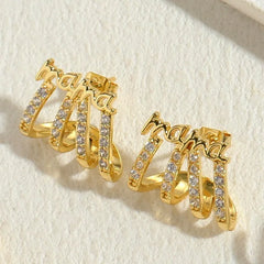 Model showcasing the dangle and style of the 14K Gold-Plated Zircon Multi-Layer LOVE And MAMA Letter Stud Earrings
