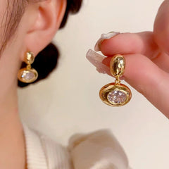 14K Gold-Plated Zircon Oval Earrings - elegant Golden Oval Hoops