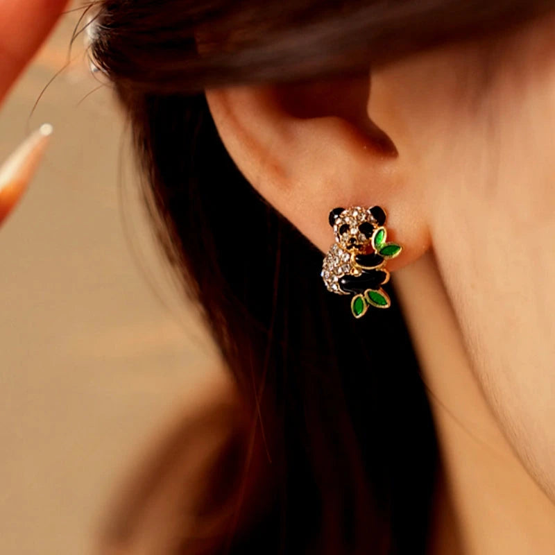 Close-up detail of the sparkling zircons and plating on the Cute Panda Studs