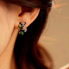 Angled view of the 14K Gold-Plated Zircon Panda Stud Earrings
