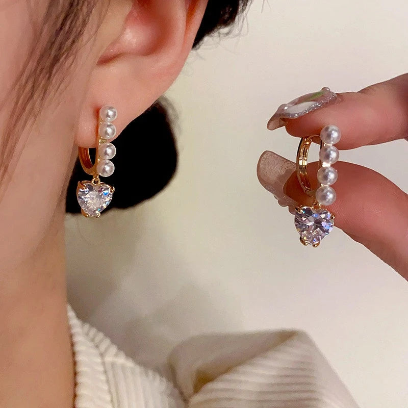 14K Gold-Plated Zircon Pearl Earrings - elegant Dainty Pearl Hoops