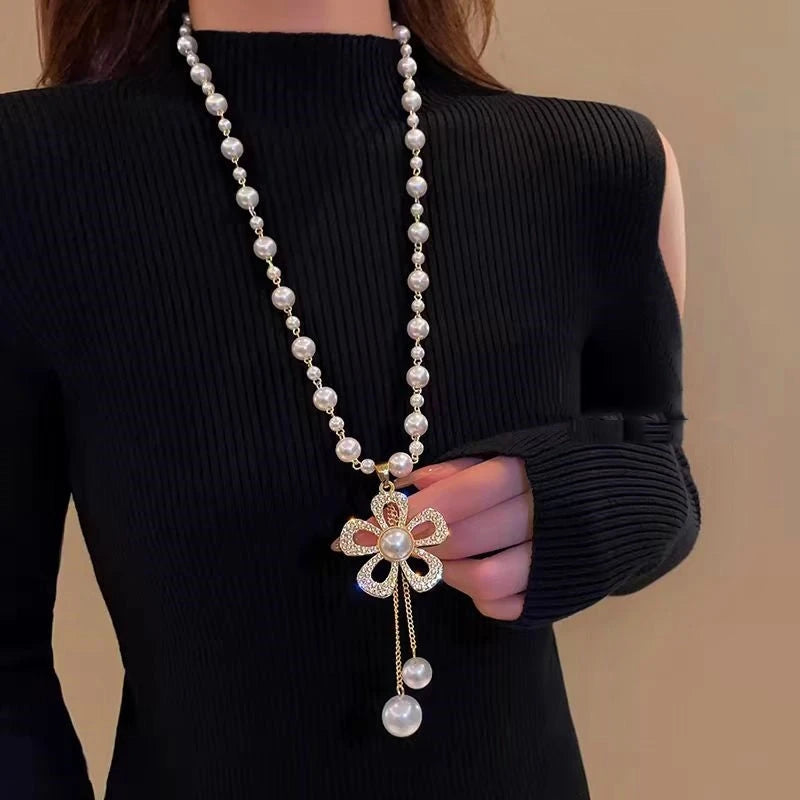 14K Gold-Plated Zircon Pearl Flower Necklace - beautiful Pearl Flower Necklace