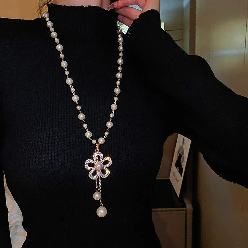 14K Gold-Plated Zircon Pearl Flower Necklace worn to showcase its length and pendant detail