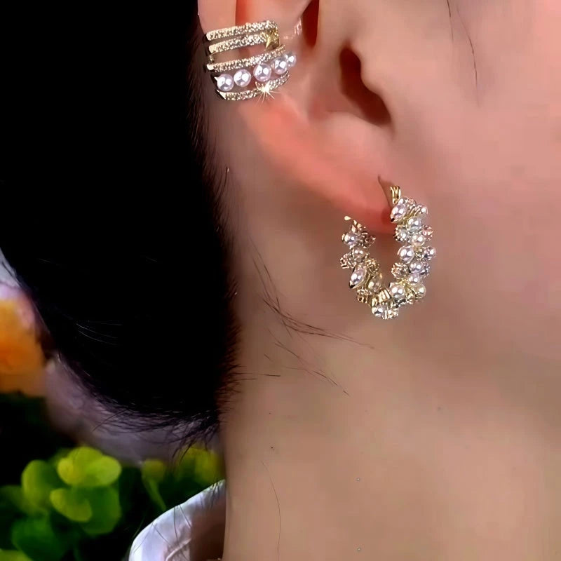 14K Gold-Plated Zircon Pearl Hoop Earrings - elegant Pearl Hoop Earrings