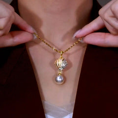 14K Gold-Plated Zircon Pearl Pendant Necklace worn to showcase its length and pendant detail
