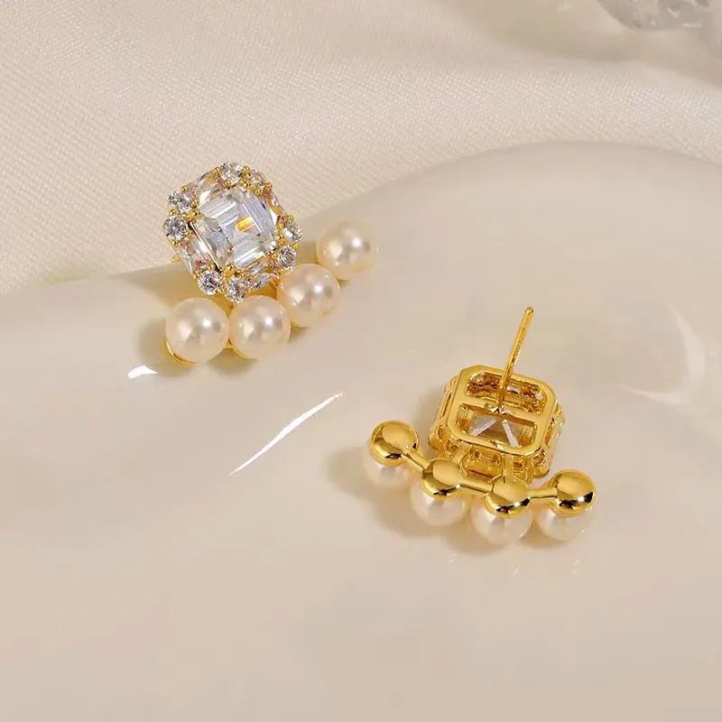 Women's Gold Square CZ Halo Pearl Stud Earrings, Front & Back View