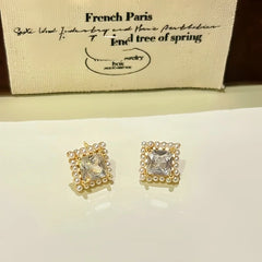 Close-up detail of the sparkling zircons and plating on the Zircon Pearl Studs