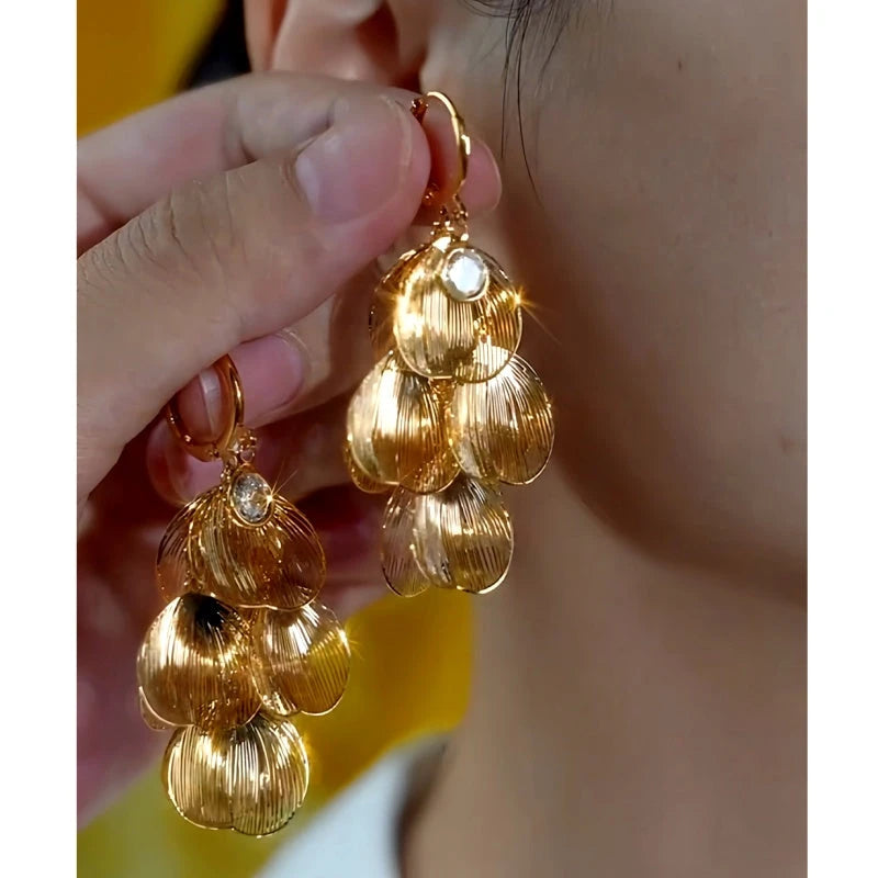 14K Gold-Plated Zircon Petal Tassel Earrings - elegant Tassel Earrings