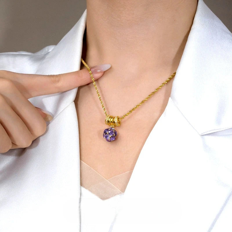 14K Gold-Plated Zircon Purple Diamond Ball Necklace - beautiful Purple Diamond Necklace