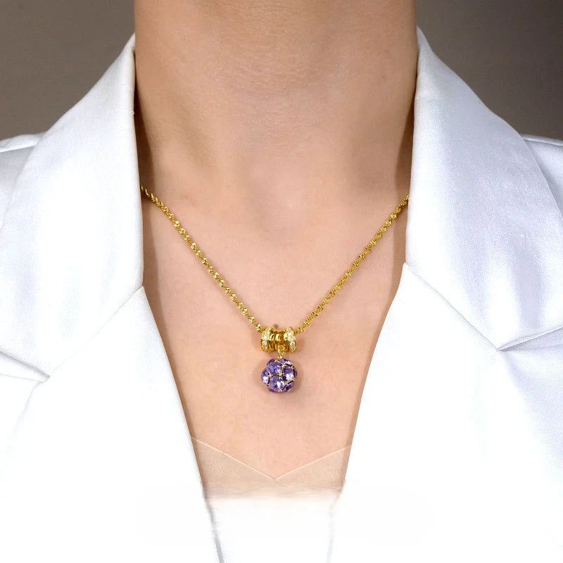 14K Gold-Plated Zircon Purple Diamond Ball Necklace worn to showcase its length and pendant detail