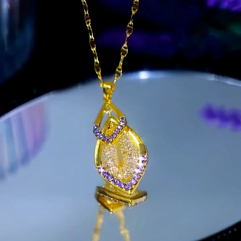 Detailed view of the 14K Gold-Plated Zircon Purple Diamond Mesh Double Water Drop Necklace chain and pendant