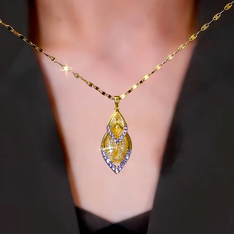 14K Gold-Plated Zircon Purple Diamond Mesh Double Water Drop Necklace - beautiful Water Drop Necklace
