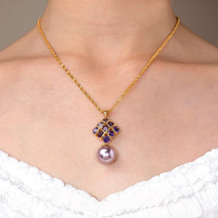 14K Gold-Plated Zircon Purple Diamond Pearl Pendant Necklace worn to showcase its length and pendant detail