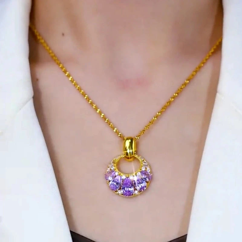 14K Gold-Plated Zircon Purple Diamond Pendant Necklace worn to showcase its length and pendant detail