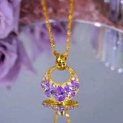 14K Gold-Plated Zircon Purple Diamond Pendant Necklace worn to showcase its length and pendant detail