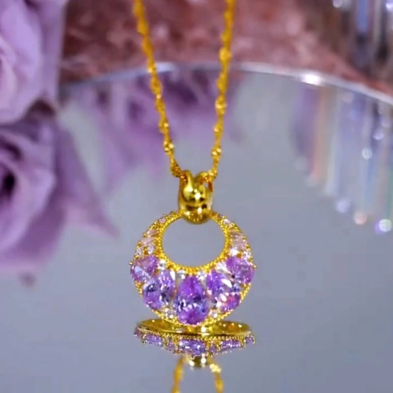14K Gold-Plated Zircon Purple Diamond Pendant Necklace - beautiful Purple Pendant Necklace