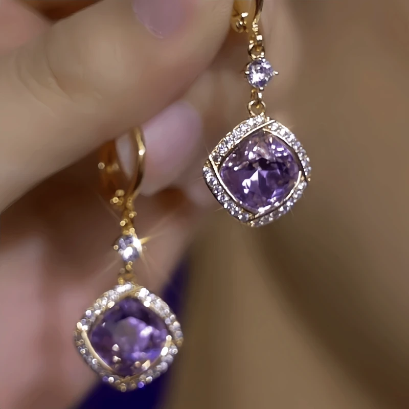 14K Gold-Plated Zircon Purple Diamond Tassel Earrings - elegant Tassel Earrings