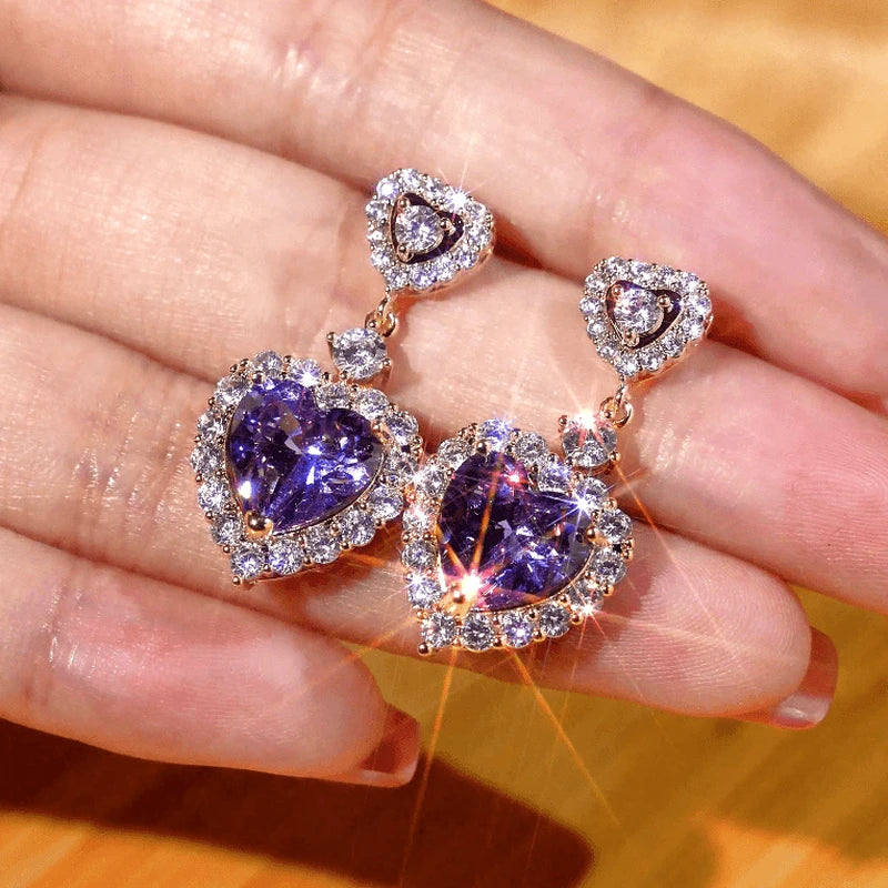 14K Gold-Plated Zircon Purple Heart Earrings - elegant Purple Heart Earrings